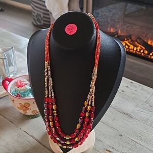 Vibrant Red Irredescent Glass Beaded Statement Necklace